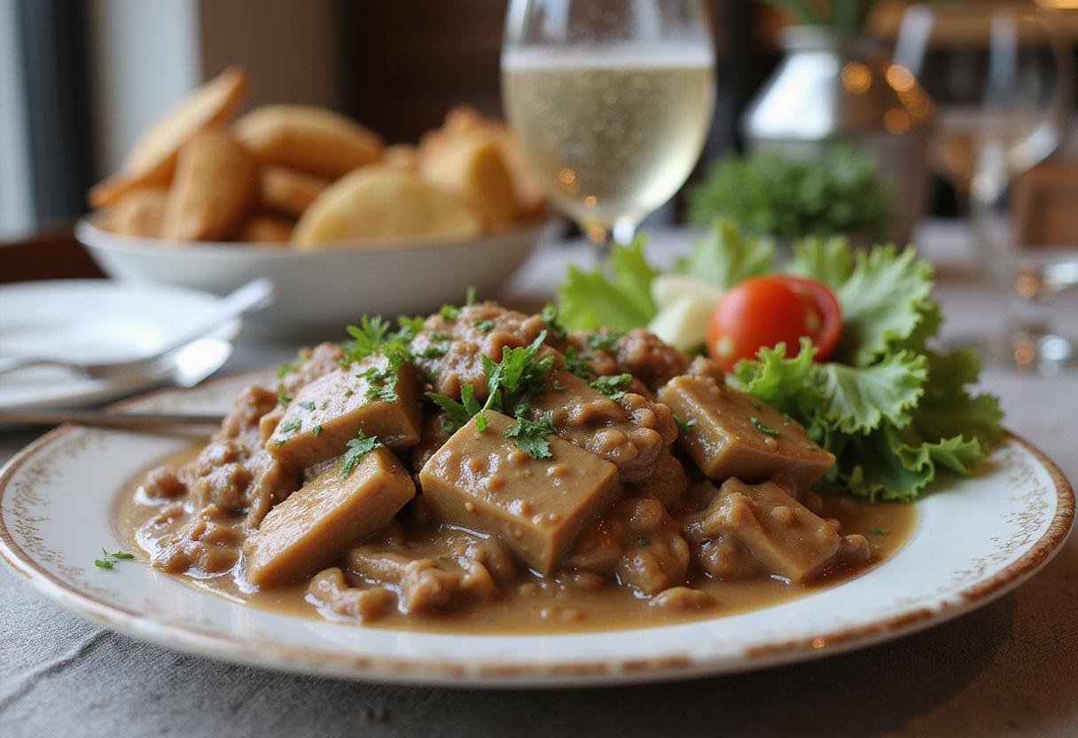 Complete vegan beef stroganoff feast with pasta and salad, perfect for a delicious plant-based meal.