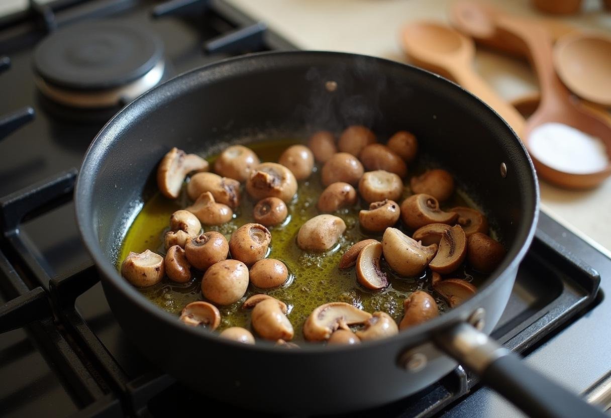 Delicious sautéed mushrooms in olive oil for vegan beef stroganoff with aromatic spices.