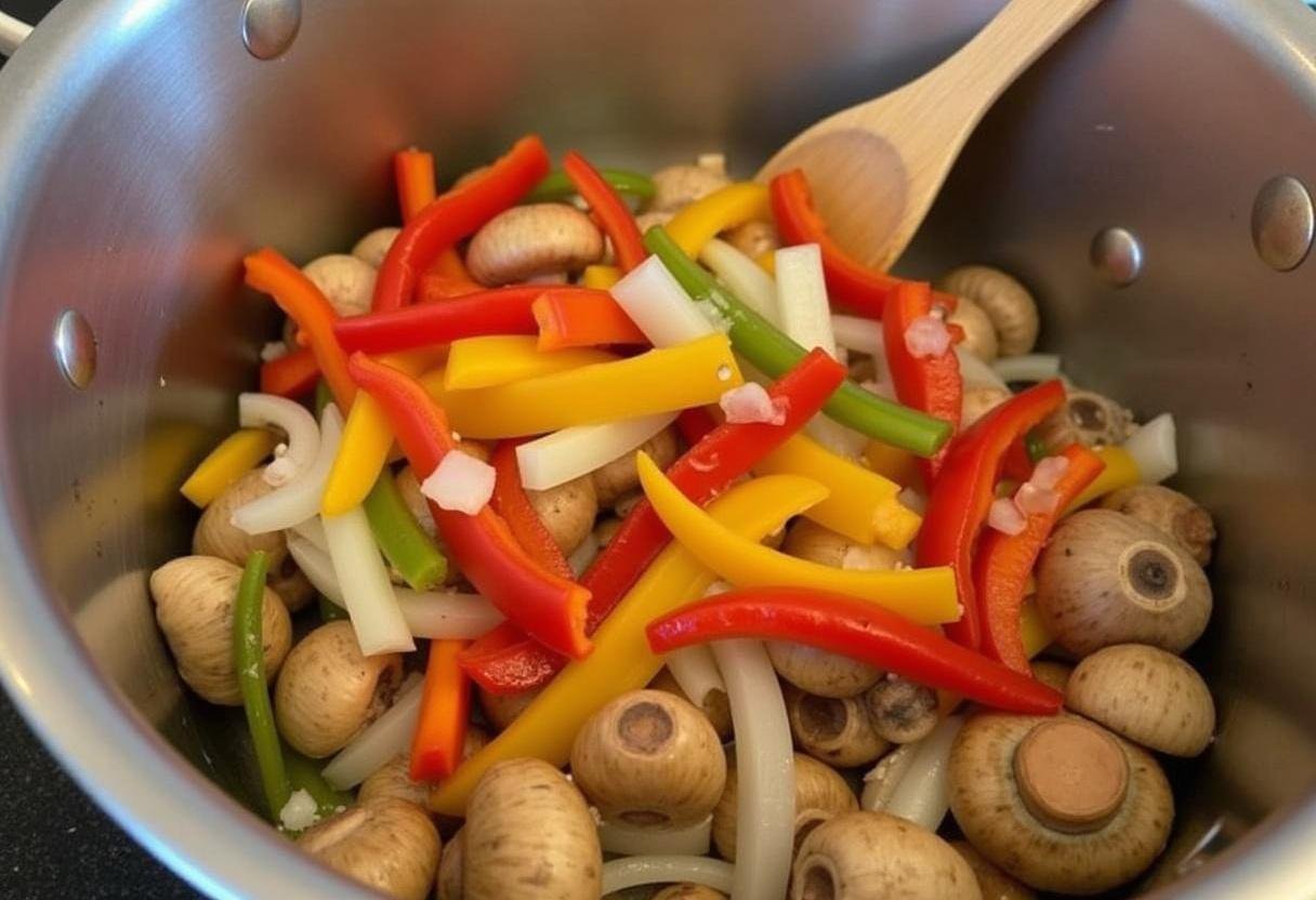 Fresh sliced bell peppers and onions ready to enhance the flavor of vegan beef stroganoff.
