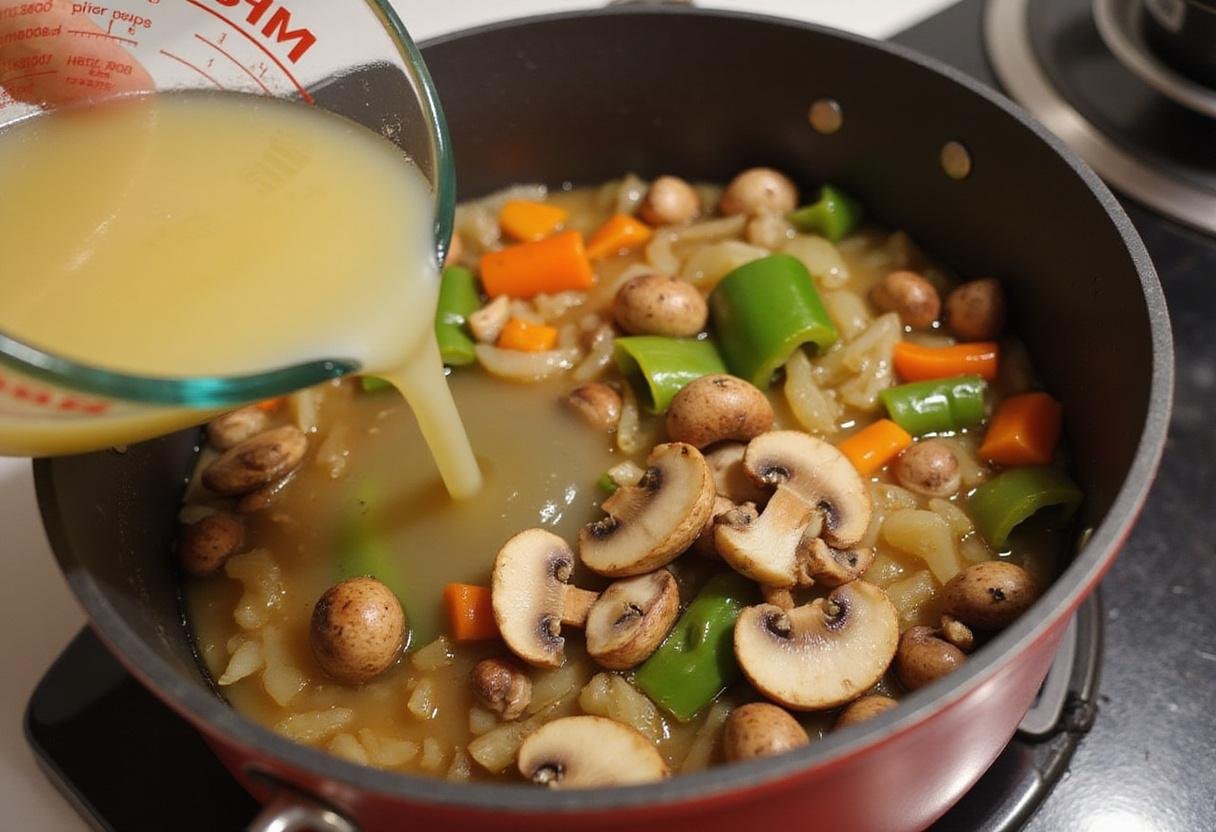 Rich vegetable broth added to the sautéed vegetables for a flavorful vegan beef stroganoff base.