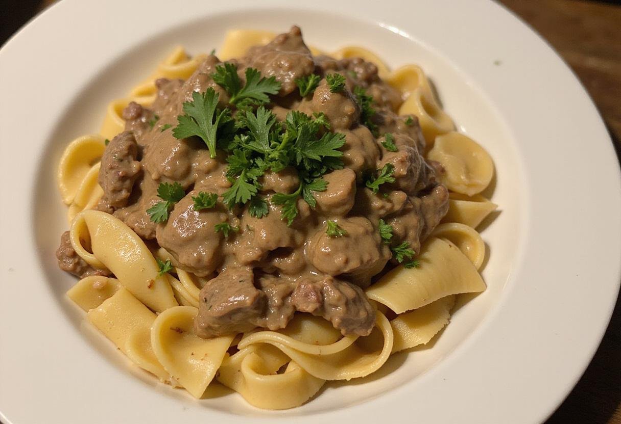 Delicious vegan beef stroganoff served over pasta, beautifully garnished with parsley for a satisfying meal.