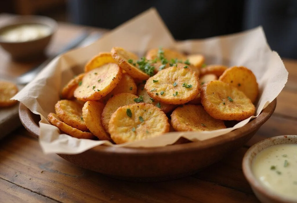 Delicious vegan potato chips displayed in a bowl, showcasing their crispy texture and healthy appeal.