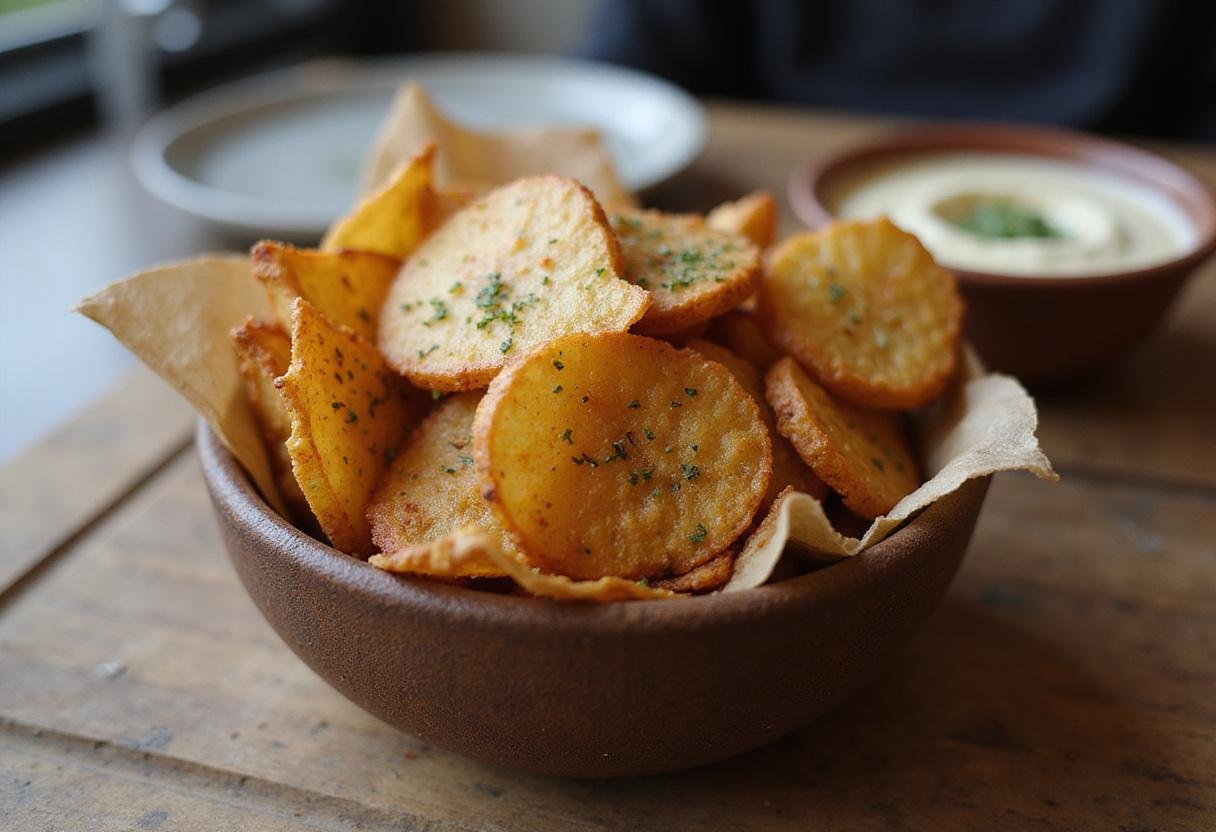 Delicious vegan potato chips displayed in a bowl, showcasing their crispy texture and healthy appeal.