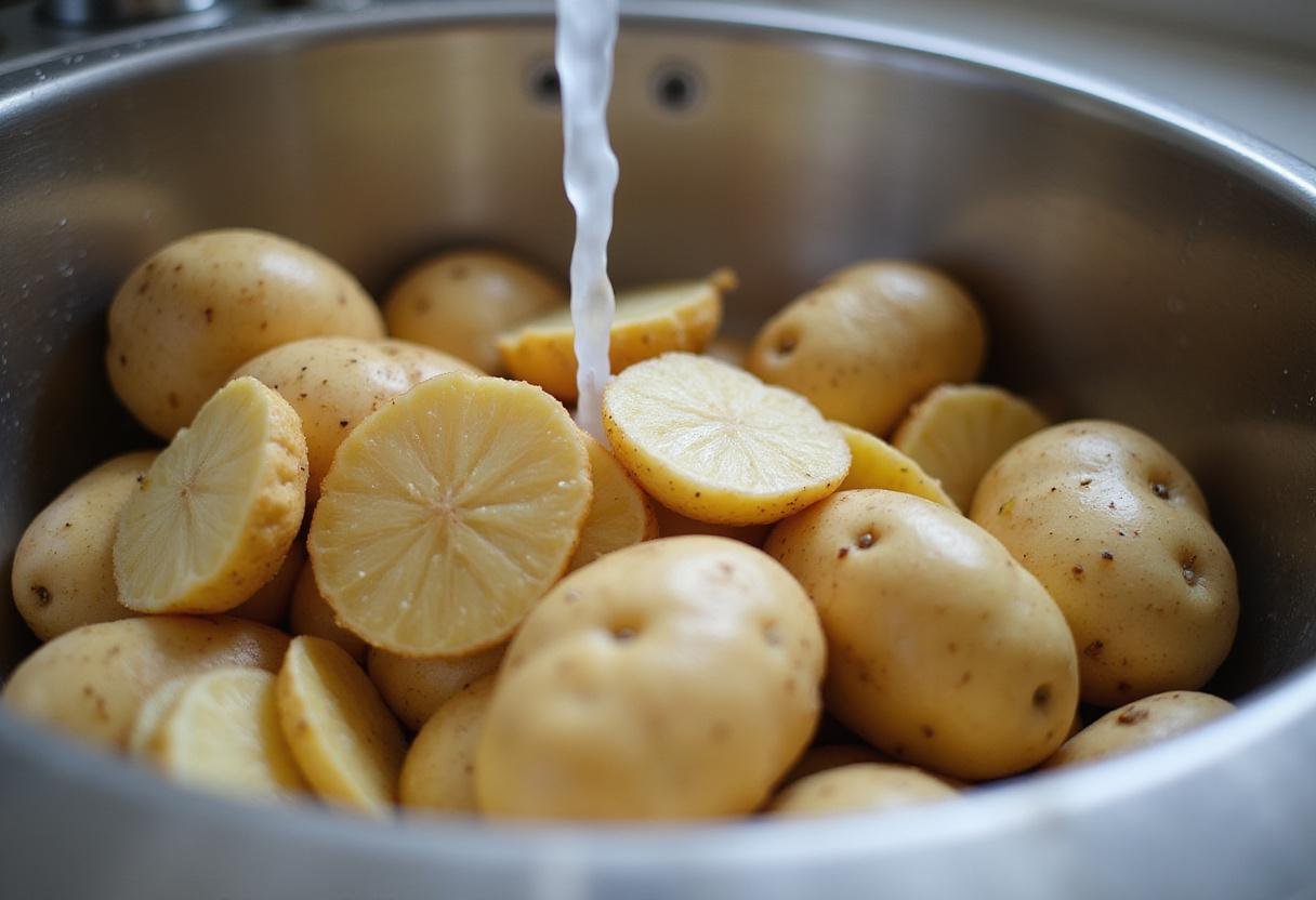 Fresh whole potatoes being washed, perfect for vegan potato chips preparation.