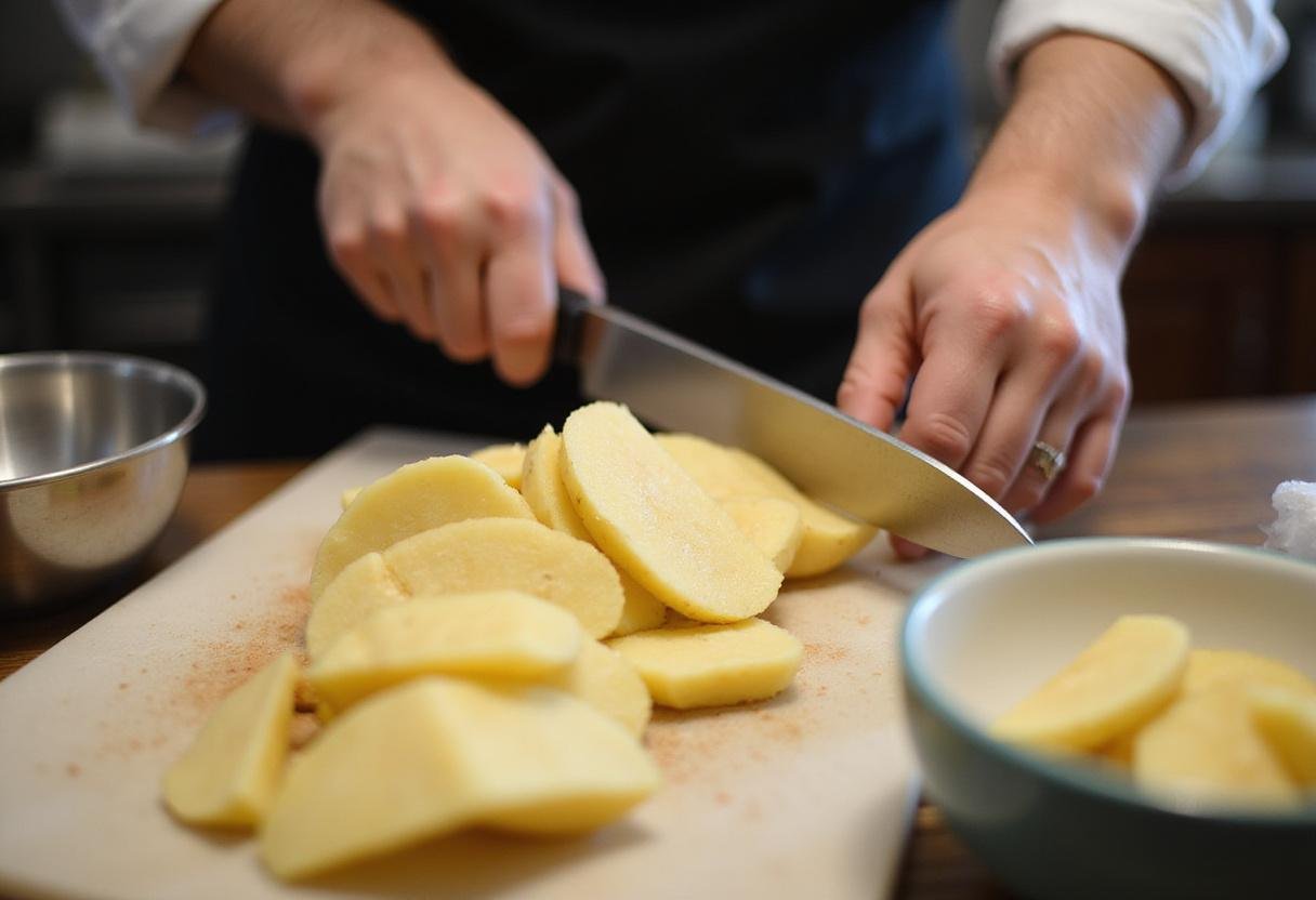 Sliced potatoes on a cutting board, showcasing the process of making vegan-friendly potato chips.