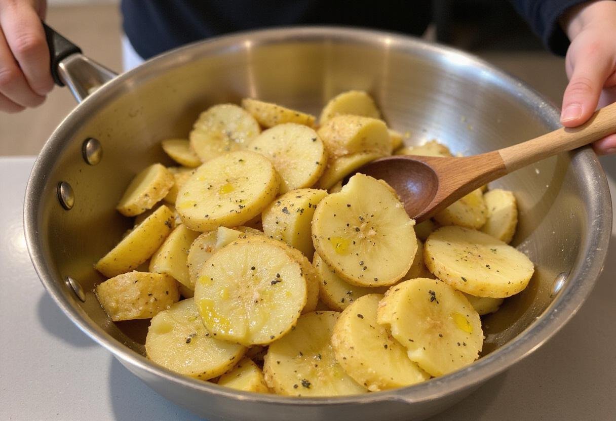 Seasoned potato slices prepared for baking, highlighting the vegan approach to potato chips.