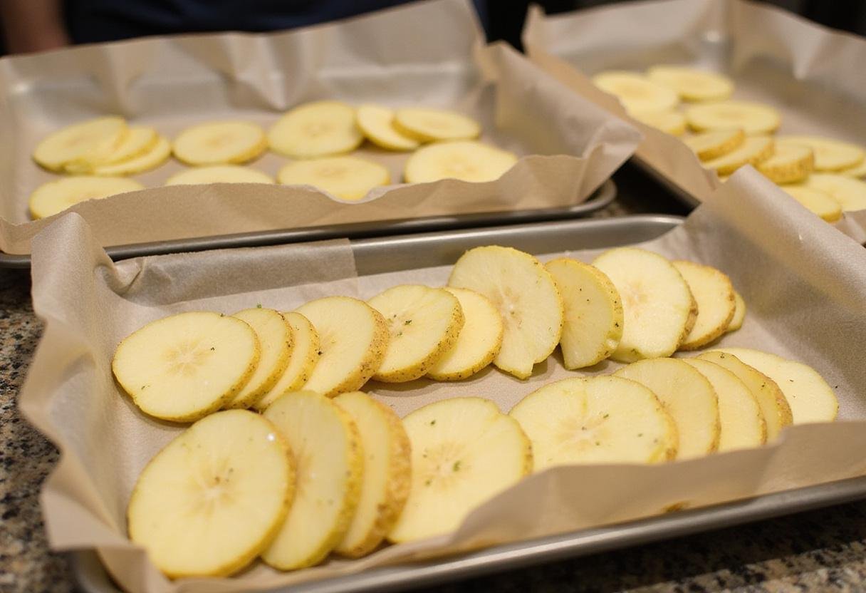 Potato slices arranged on baking trays, demonstrating the process of crafting delicious vegan potato chips.