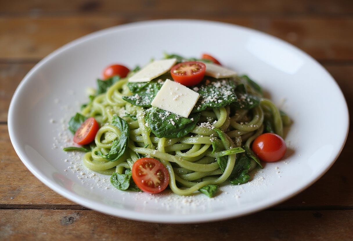 Final presentation of vibrant spinach fettuccine dish with toppings, colorful and appetizing, perfect for food lovers.