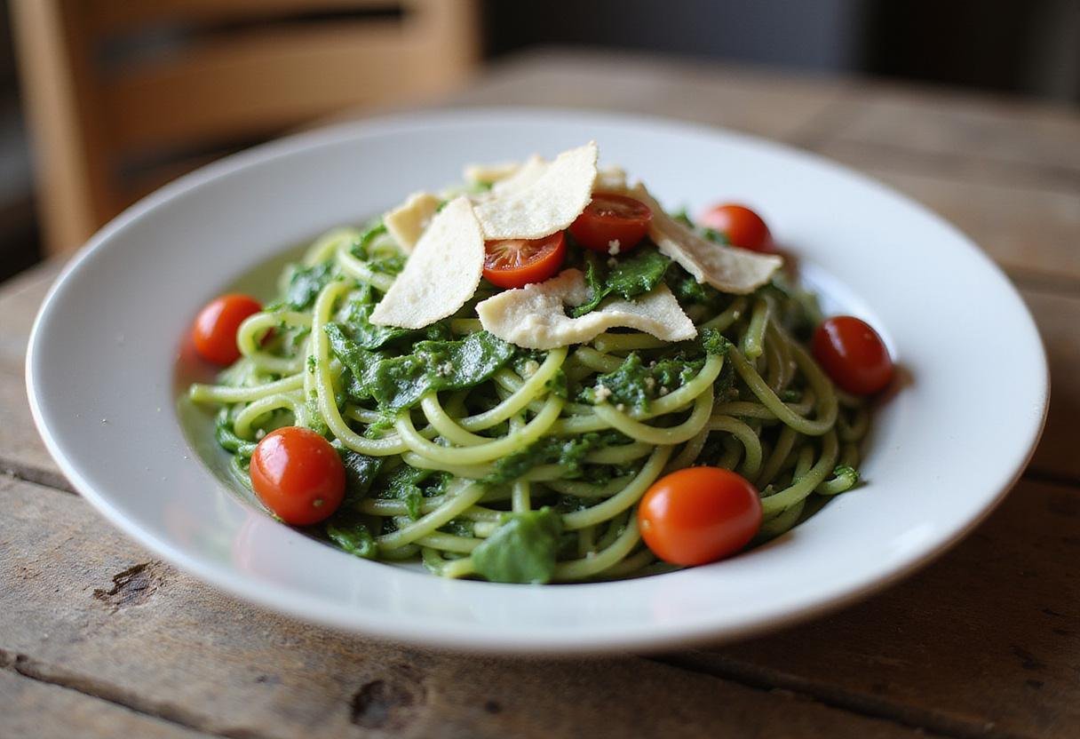 Final presentation of vibrant spinach fettuccine dish with toppings, colorful and appetizing, perfect for food lovers.