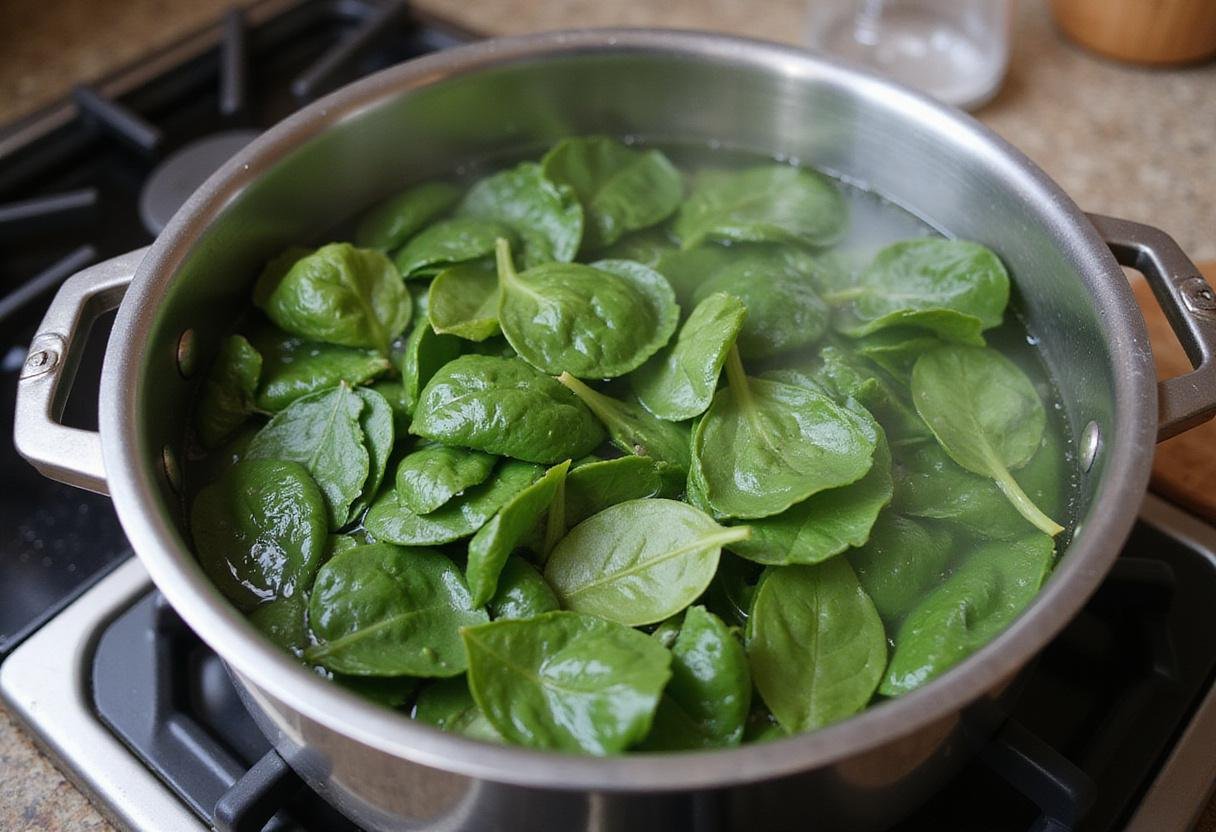 Blanching fresh spinach leaves for vibrant spinach fettuccine dish, bright colors in boiling water, healthy cuisine preparation.