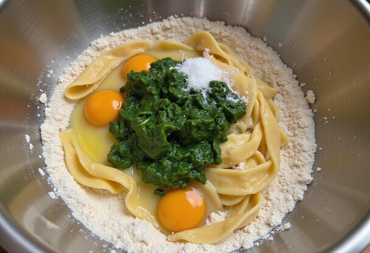 Combining flour and eggs with spinach puree to make dough for vibrant spinach fettuccine, colorful and fresh ingredients showcased.