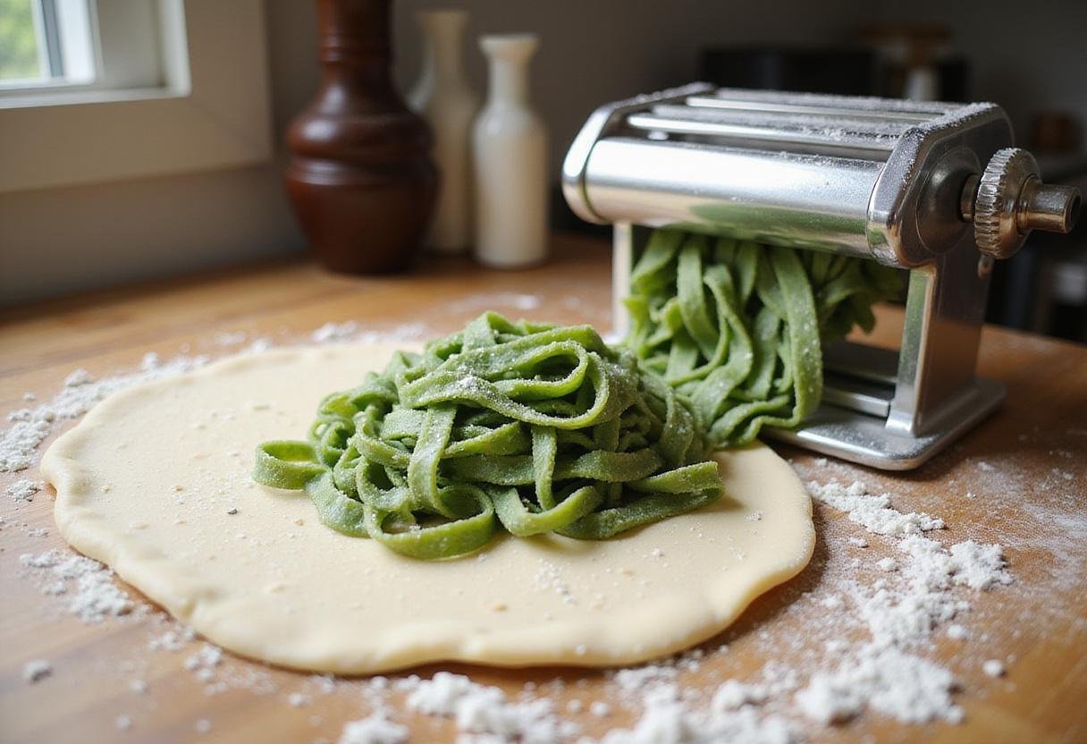 Rolling out vibrant spinach fettuccine dough on a wooden surface, showcasing the fresh pasta making process, simple and authentic.