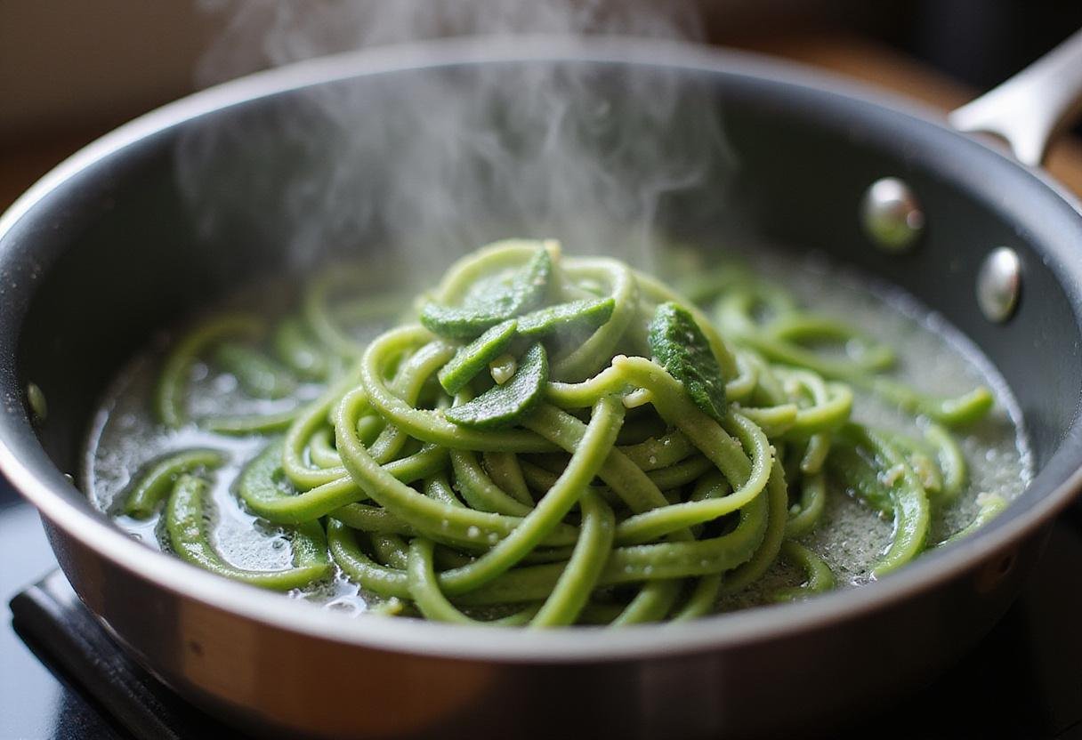 Cooking freshly made vibrant spinach fettuccine in boiling water, showcasing the cooking process for delicious pasta dish.