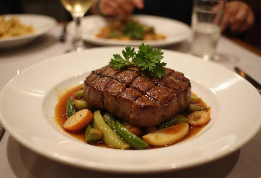 Final presentation of wagyu beef dish, is wagyu beef healthy, gourmet meal display in dining setting.