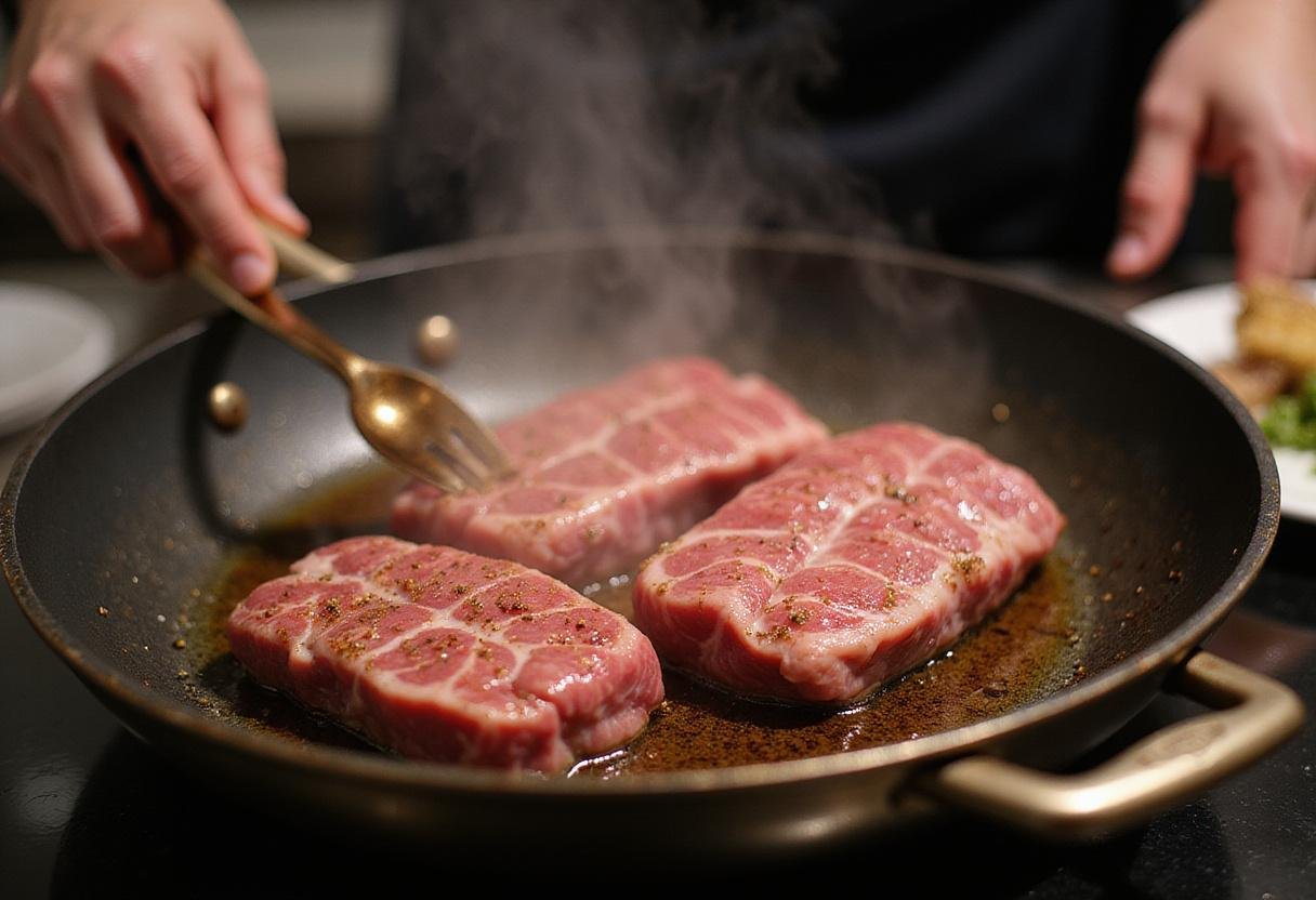 Cooking wagyu beef in a skillet, is wagyu beef healthy, achieving perfect sear for flavor.