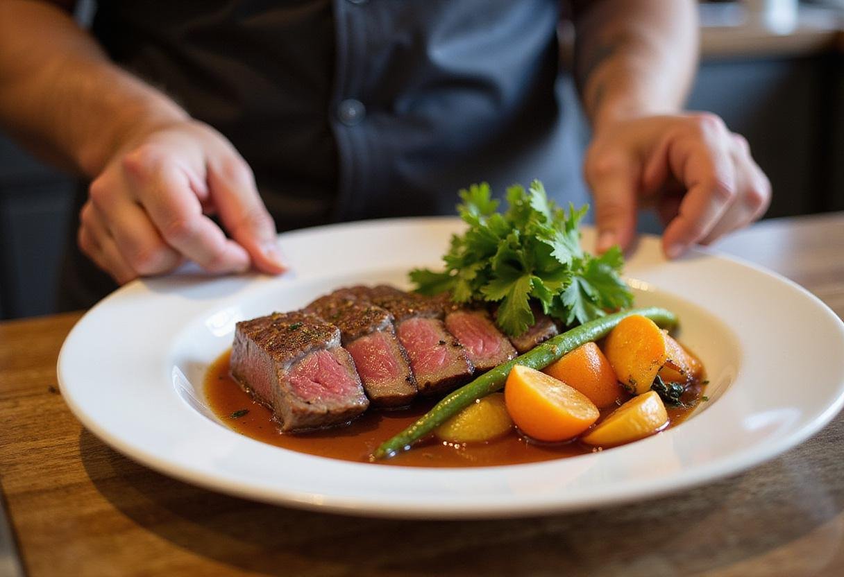 Plating wagyu beef with fresh vegetables, is wagyu beef healthy, balanced meal presentation.