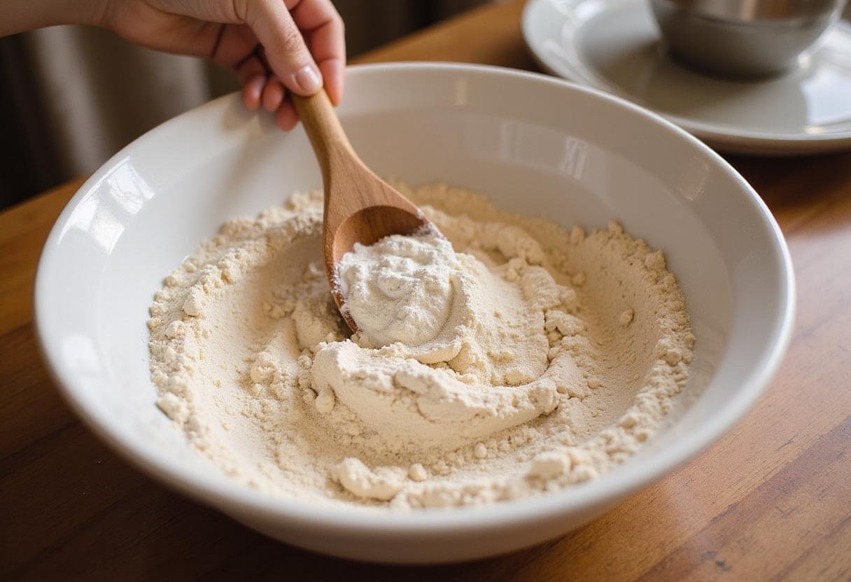 Mixing gluten-free flour for wholesome gluten-free vegan recipes showcasing healthy cooking ingredients.
