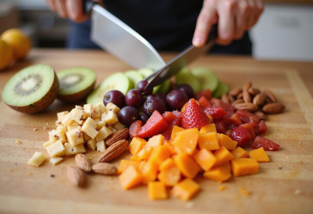 Chopping fresh fruits and nuts for gluten free vegan recipes, highlighting natural ingredients for a healthy treat.