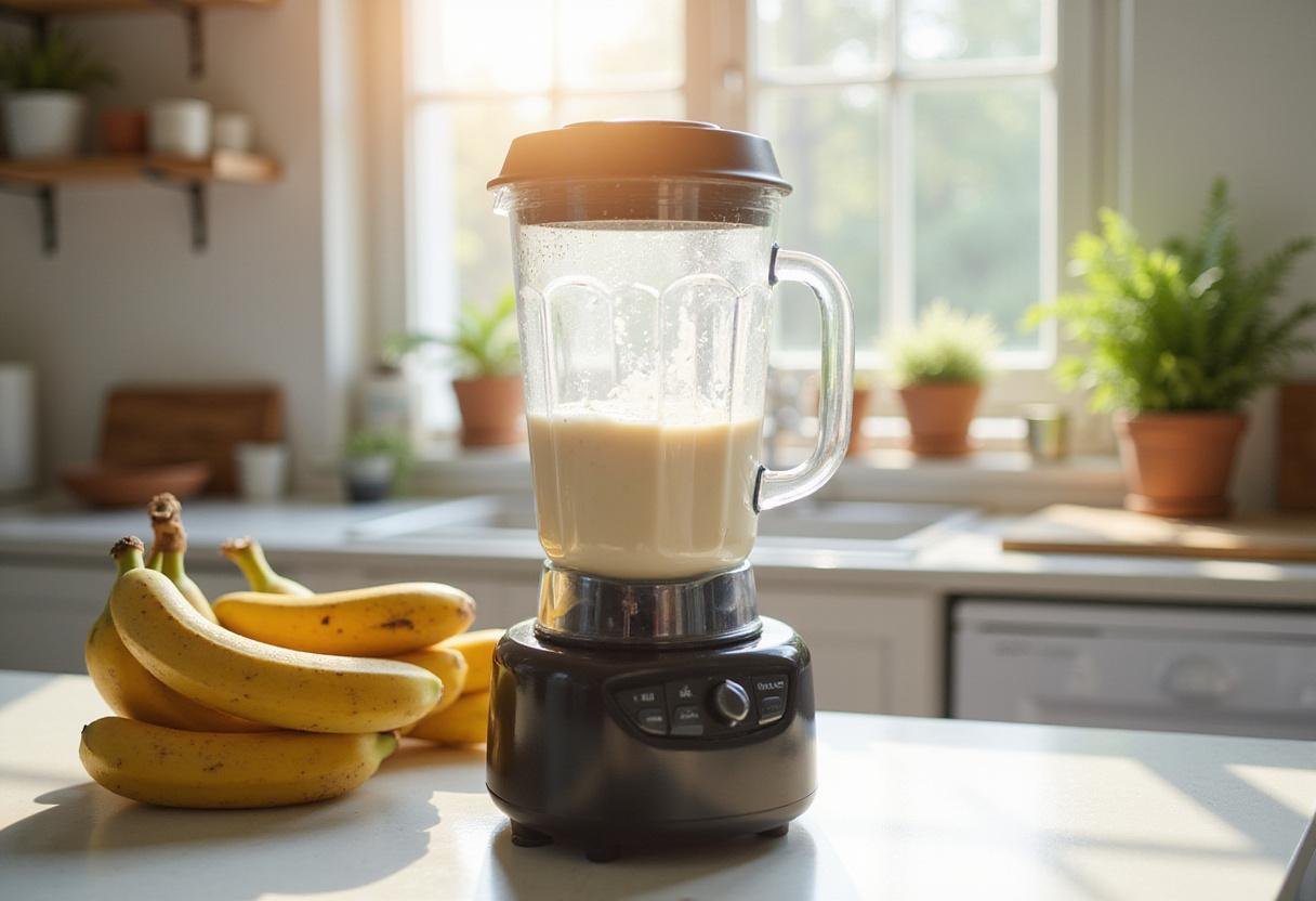 Blending bananas and plant-based milk for vegan and gluten free recipes to create a delicious batter for wholesome delights.