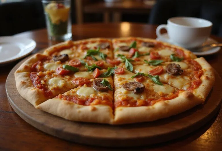 Delicious zesty pizza served on a wooden board, highlighting the fresh ingredients and inviting atmosphere of zestos pizza.