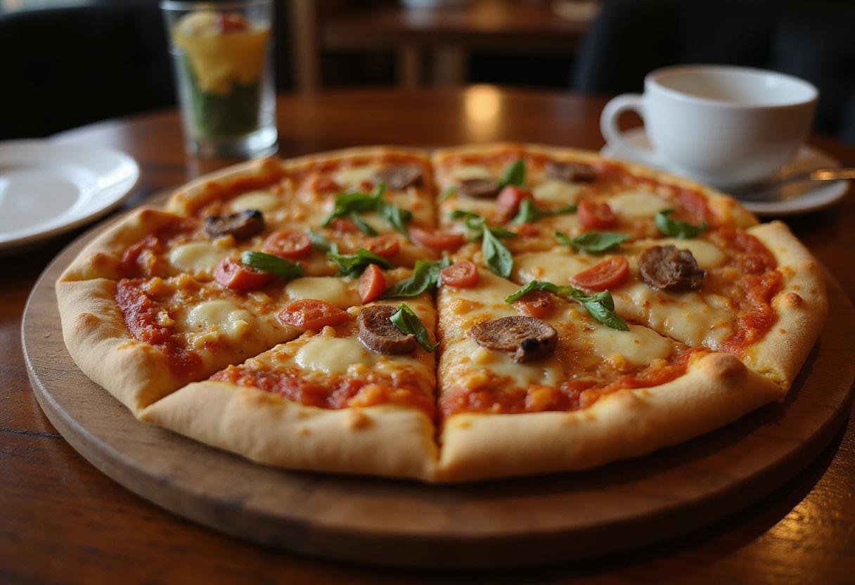 Delicious zesty pizza served on a wooden board, highlighting the fresh ingredients and inviting atmosphere of zestos pizza.