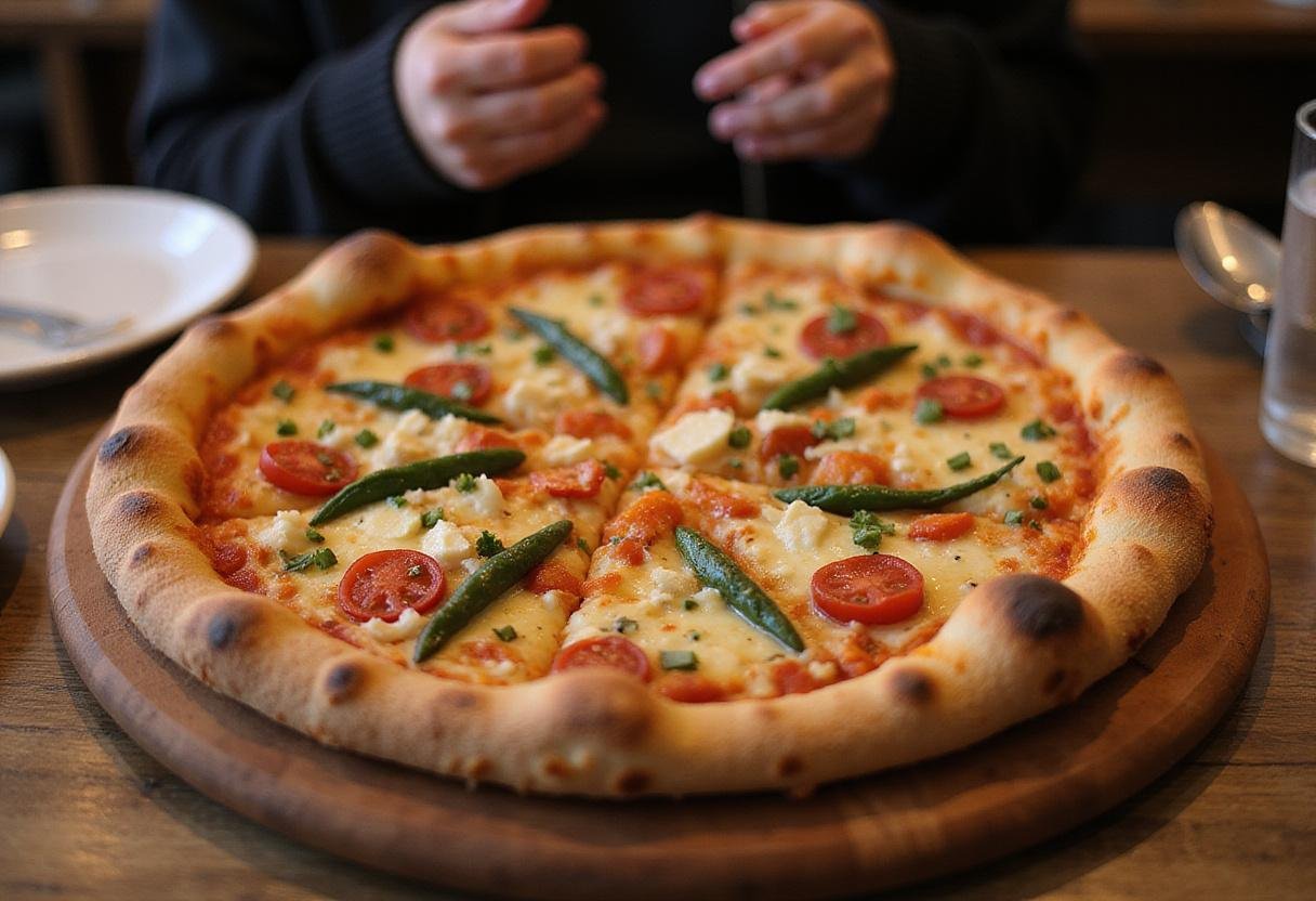 Delicious zesty pizza served on a wooden board, highlighting the fresh ingredients and inviting atmosphere of zestos pizza.