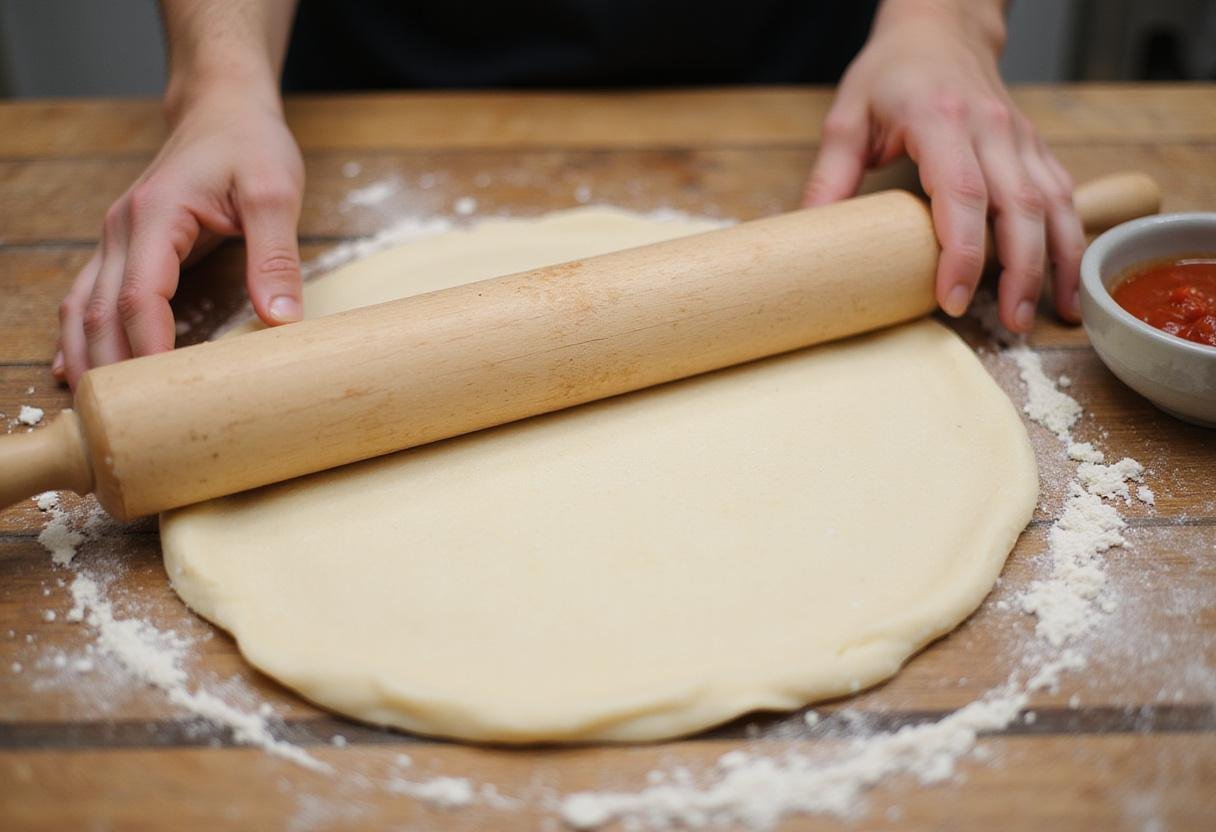 Making zesto pizza dough on a wooden countertop with flour and tomato sauce for zestos pizza preparation.