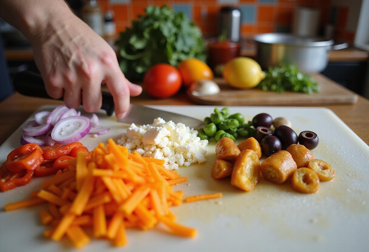 Chopping fresh vegetables and cheese for zesto pizza toppings in a lively kitchen, perfect for zestos pizza.