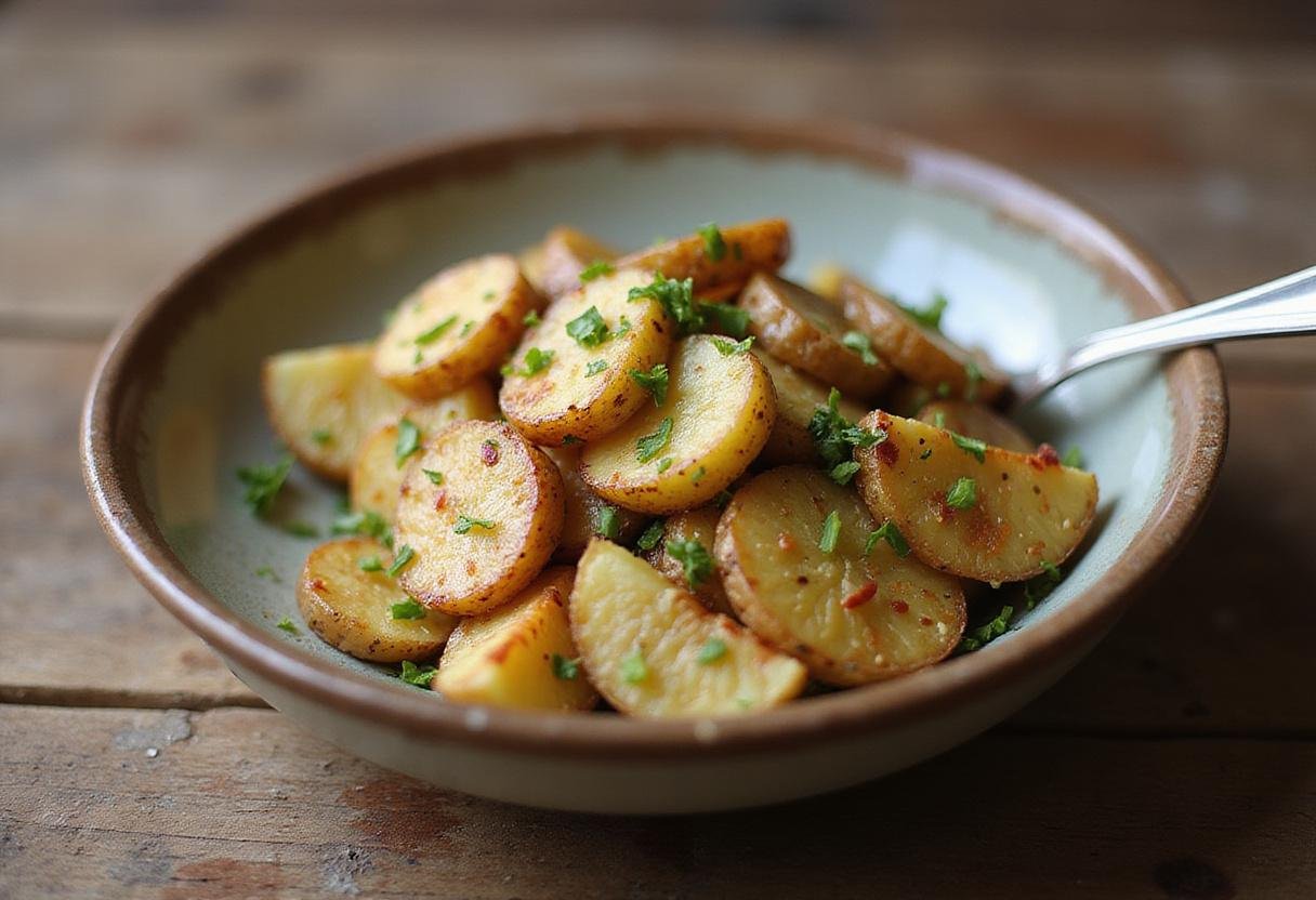 Deliciously vibrant zesty crispy potato salad presented as the final dish, perfect for any meal.