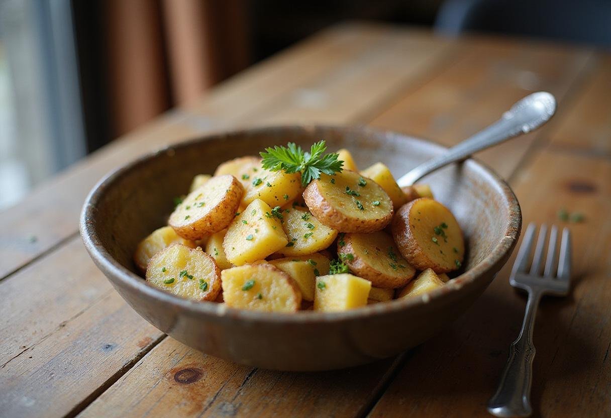 Deliciously vibrant zesty crispy potato salad presented as the final dish, perfect for any meal.
