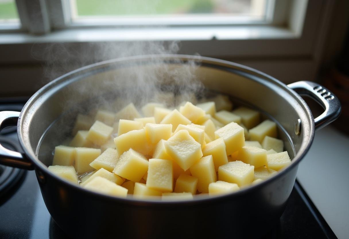 Boiling diced potatoes for crispy potato salad, a key step in making this zesty dish.