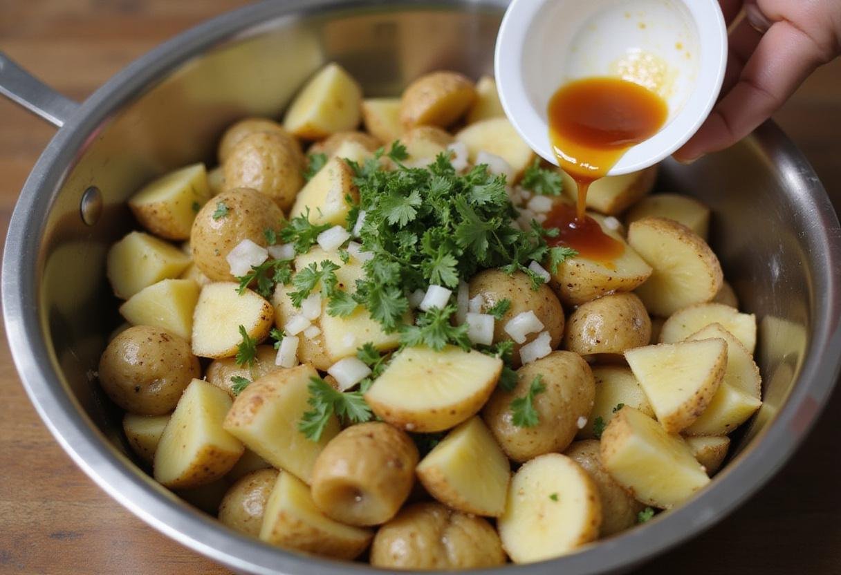 Mixing ingredients for crispy potato salad with fresh herbs and a zesty dressing for enhanced flavor.