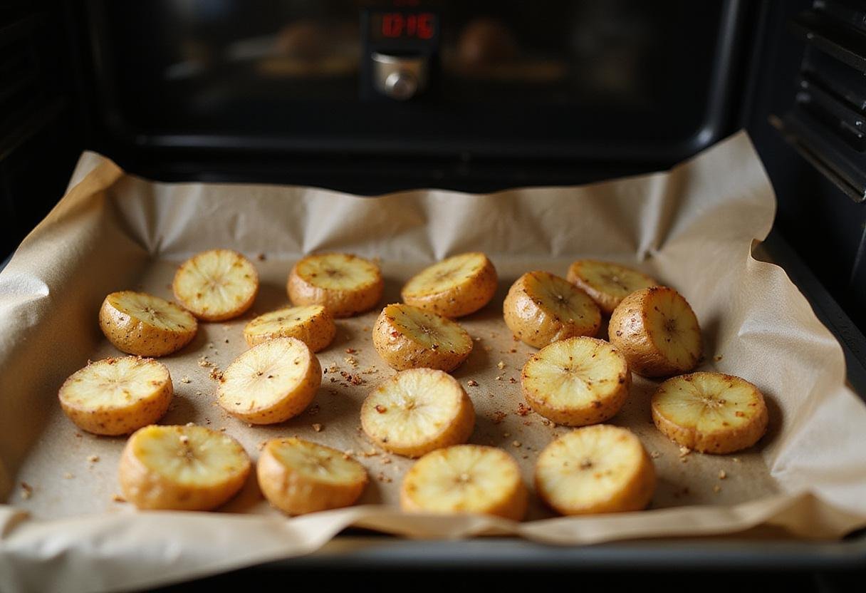 Seasoning and preparing potatoes for baking, achieving the perfect crispiness in this delicious potato salad.