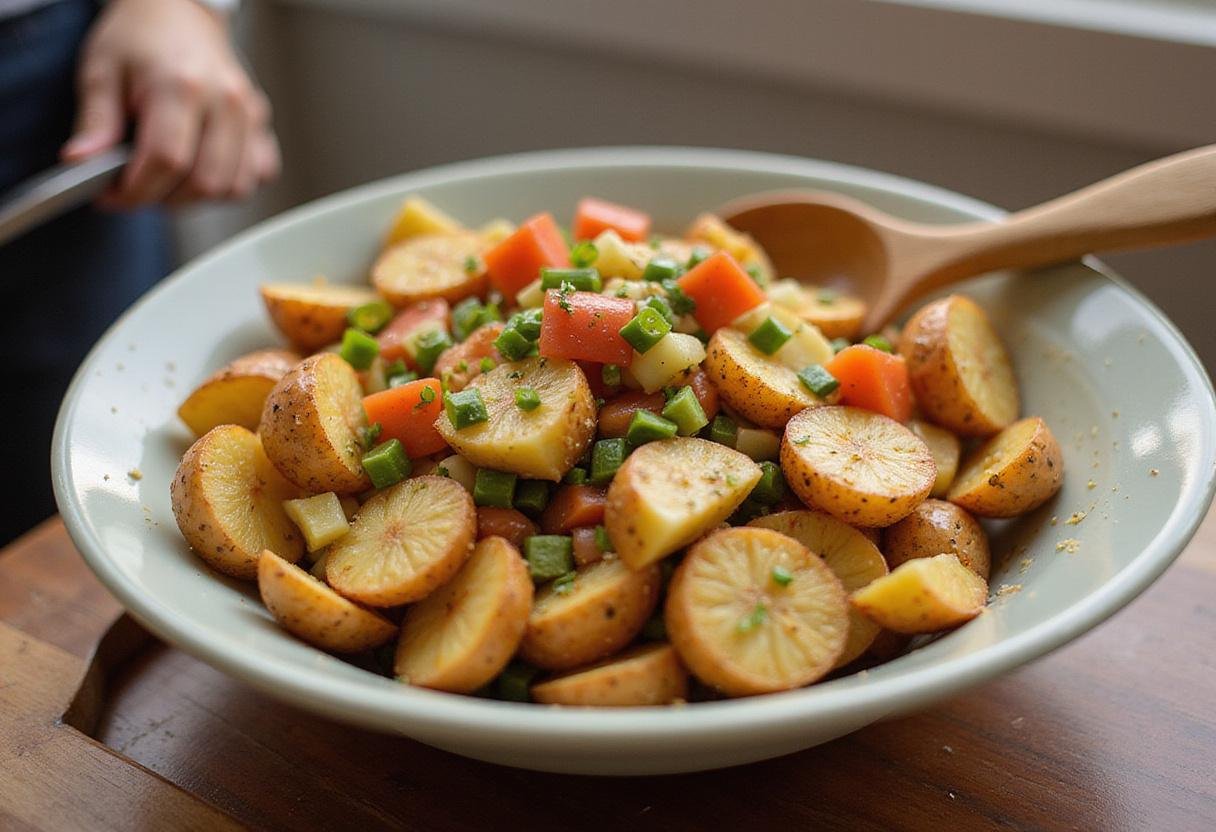 Combining ingredients for crispy potato salad, making it a flavorful and hearty side dish.