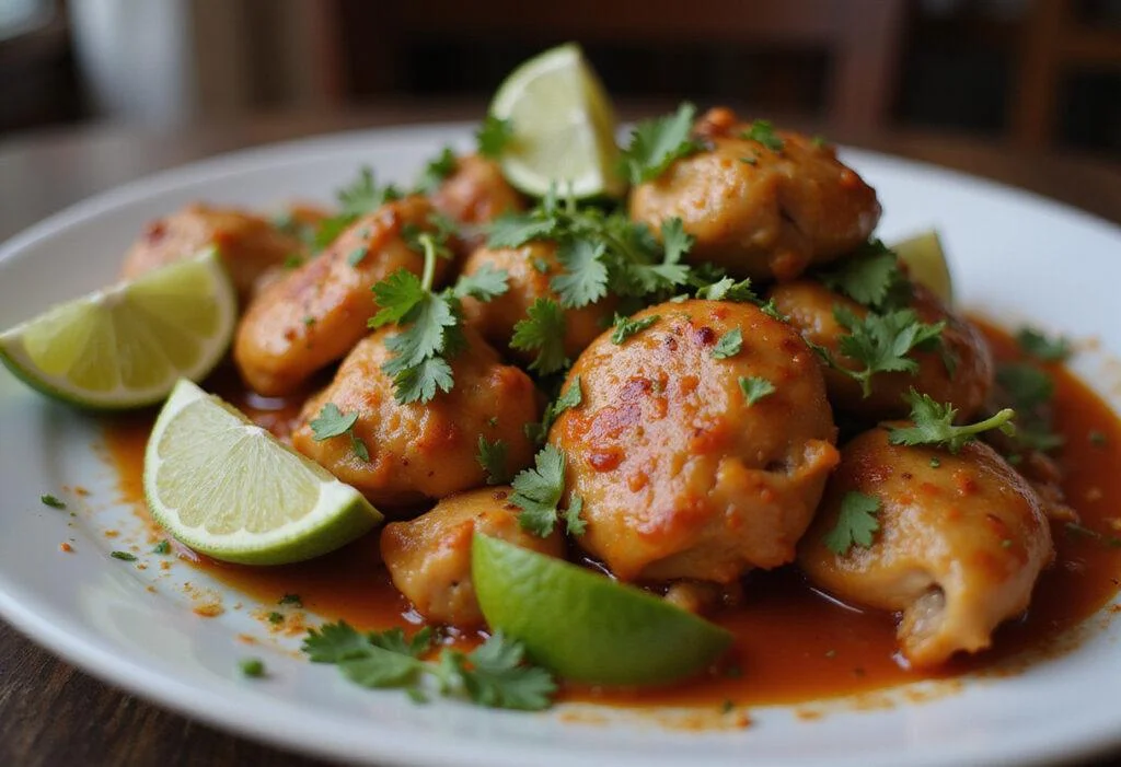 final presentation of chili lime chicken recipe, featuring juicy pieces garnished with lime and herbs for a zesty, tangy treat.