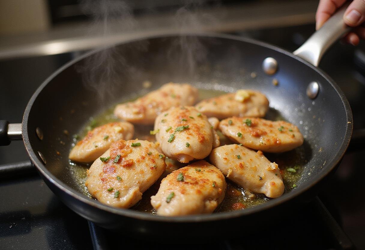 cooking chili lime chicken in a sizzling pan, showcasing the delicious aroma and vibrant flavors in a home kitchen.