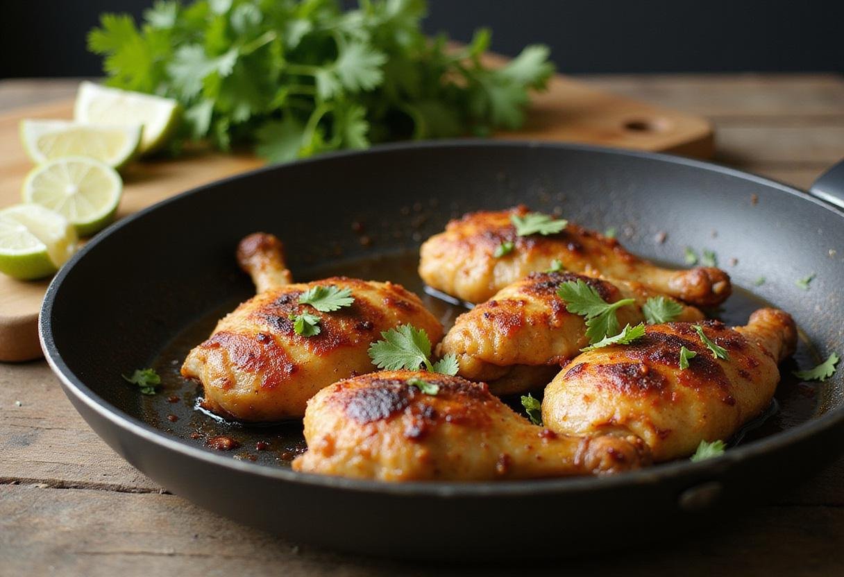 golden brown chili lime chicken cooking, surrounded by fresh ingredients like cilantro and lime, emphasizing the vibrant flavors.