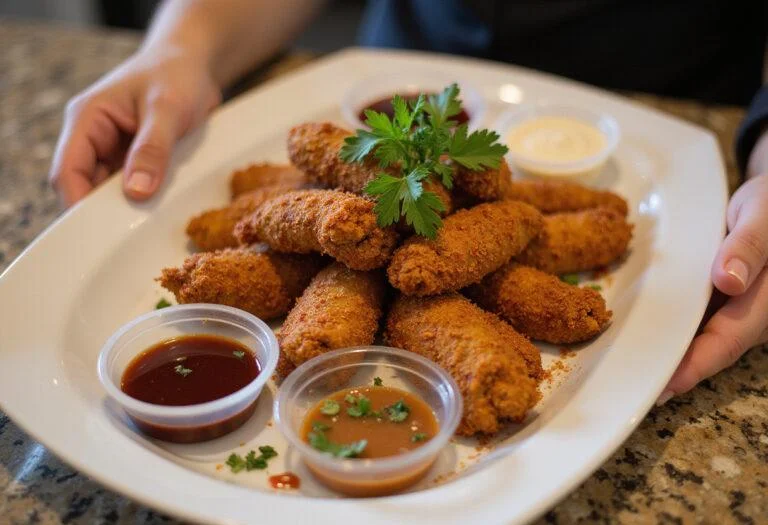 Delicious presentation of addictive crack chicken tenders garnished with herbs and served with rich dipping sauces.