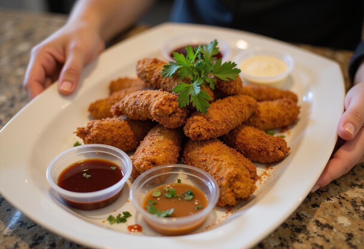 Delicious presentation of addictive crack chicken tenders garnished with herbs and served with rich dipping sauces.