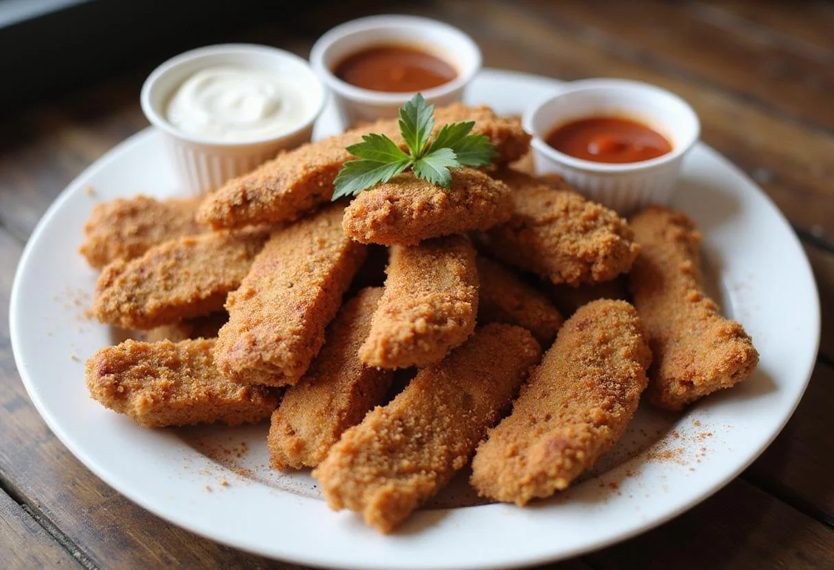 Delicious presentation of addictive crack chicken tenders garnished with herbs and served with rich dipping sauces.