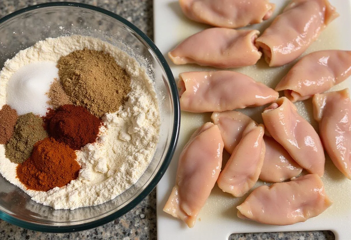 Preparation of addictive crack chicken tenders with seasoned flour and fresh chicken strips on the counter.