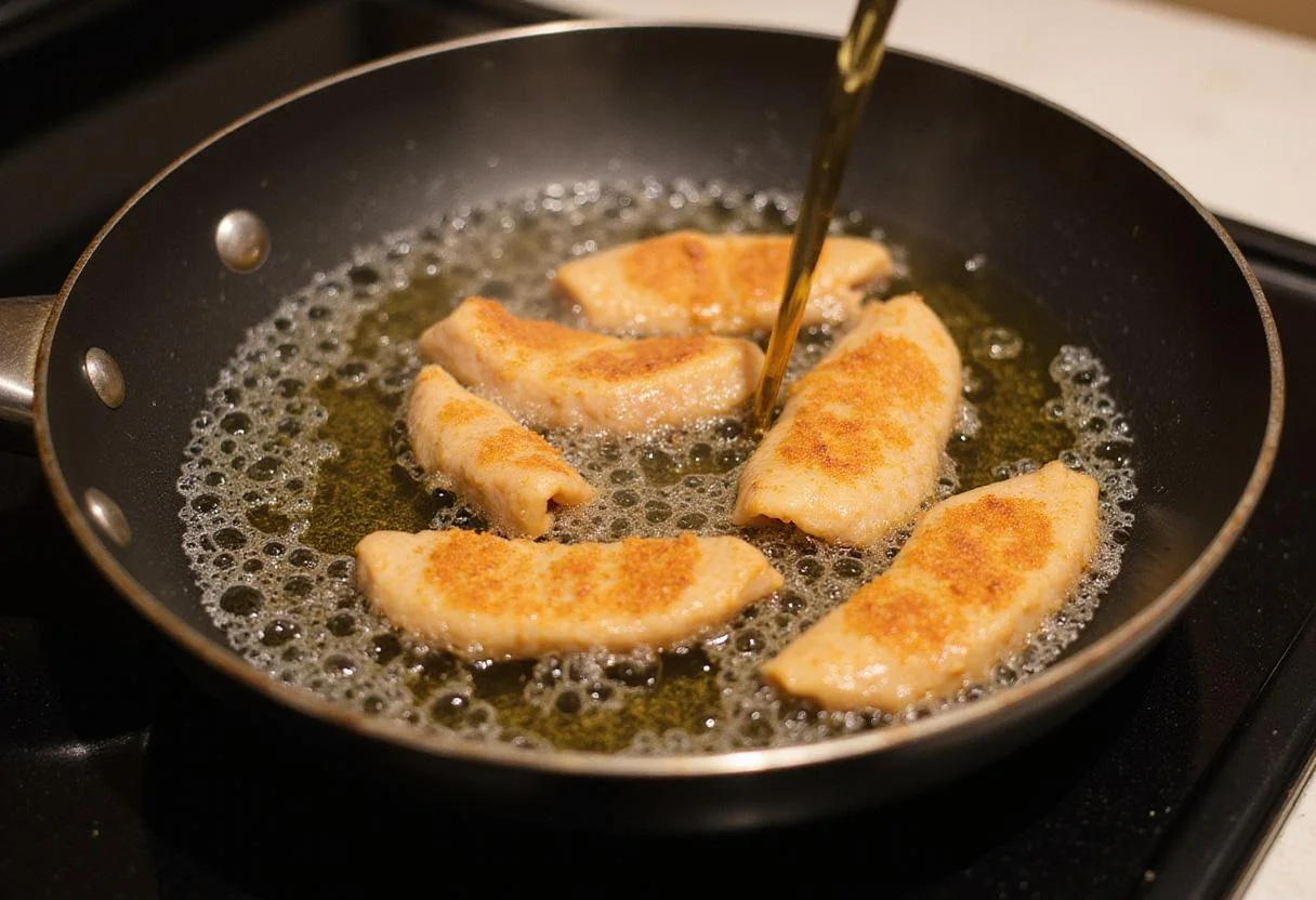 Frying addictive chicken tenders in hot oil, showcasing the cooking process of crack chicken strips.
