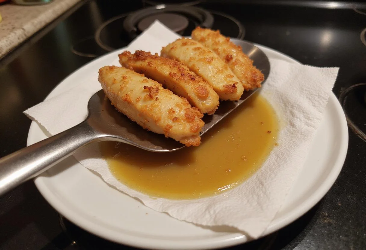 Straining addictive crack chicken tenders on paper towels after frying, highlighting the crispy texture and golden color.
