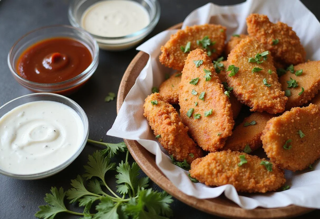 Serving addictive crack chicken tenders with dipping sauces and fresh herbs for an appetizing presentation.
