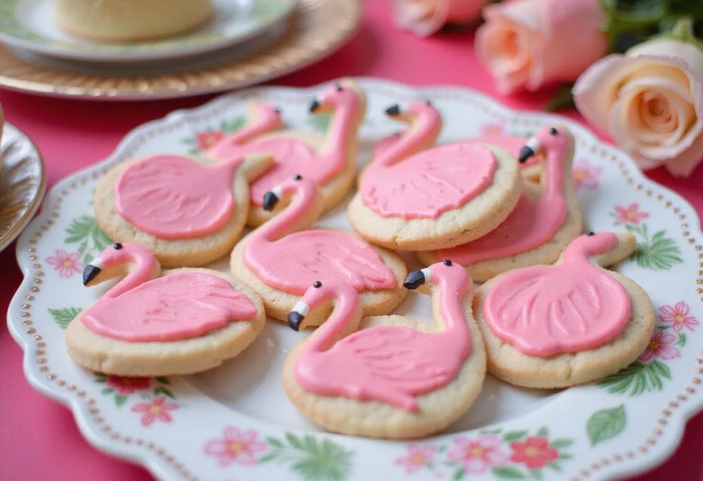 Enjoy a delightful plate of decorated flamingo cookies, perfect for any celebration or gathering, featuring vibrant colors and intricate designs.