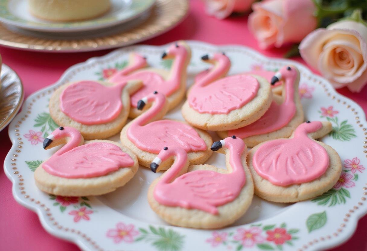 Enjoy a delightful plate of decorated flamingo cookies, perfect for any celebration or gathering, featuring vibrant colors and intricate designs.