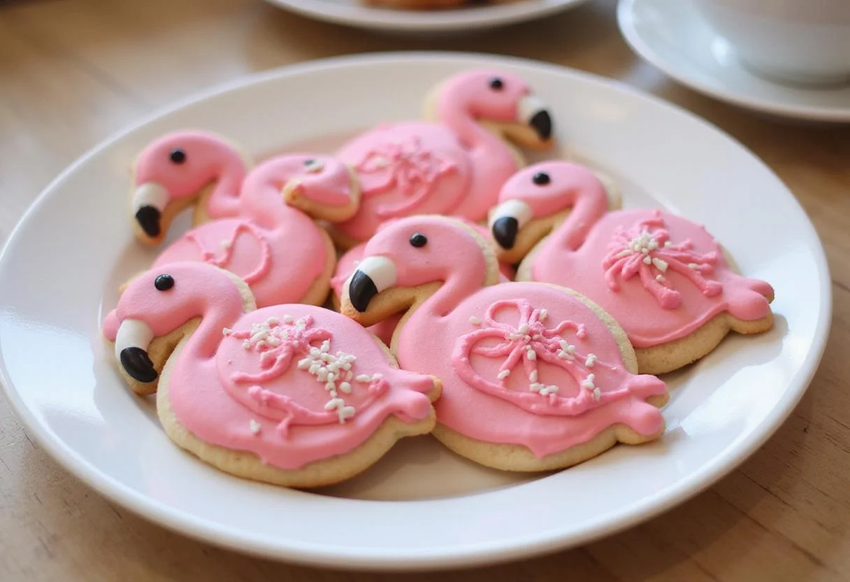 Enjoy a delightful plate of decorated flamingo cookies, perfect for any celebration or gathering, featuring vibrant colors and intricate designs.
