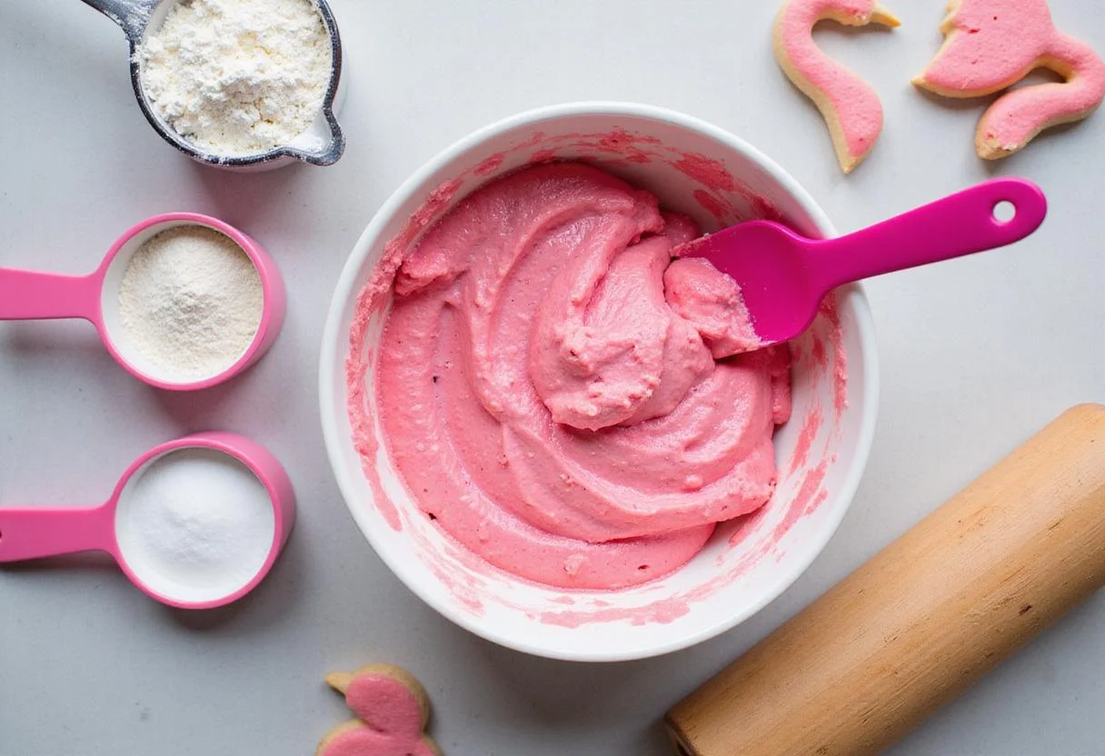 Start making delightful flamingo cookies with vibrant pink dough and baking ingredients like flour and sugar.