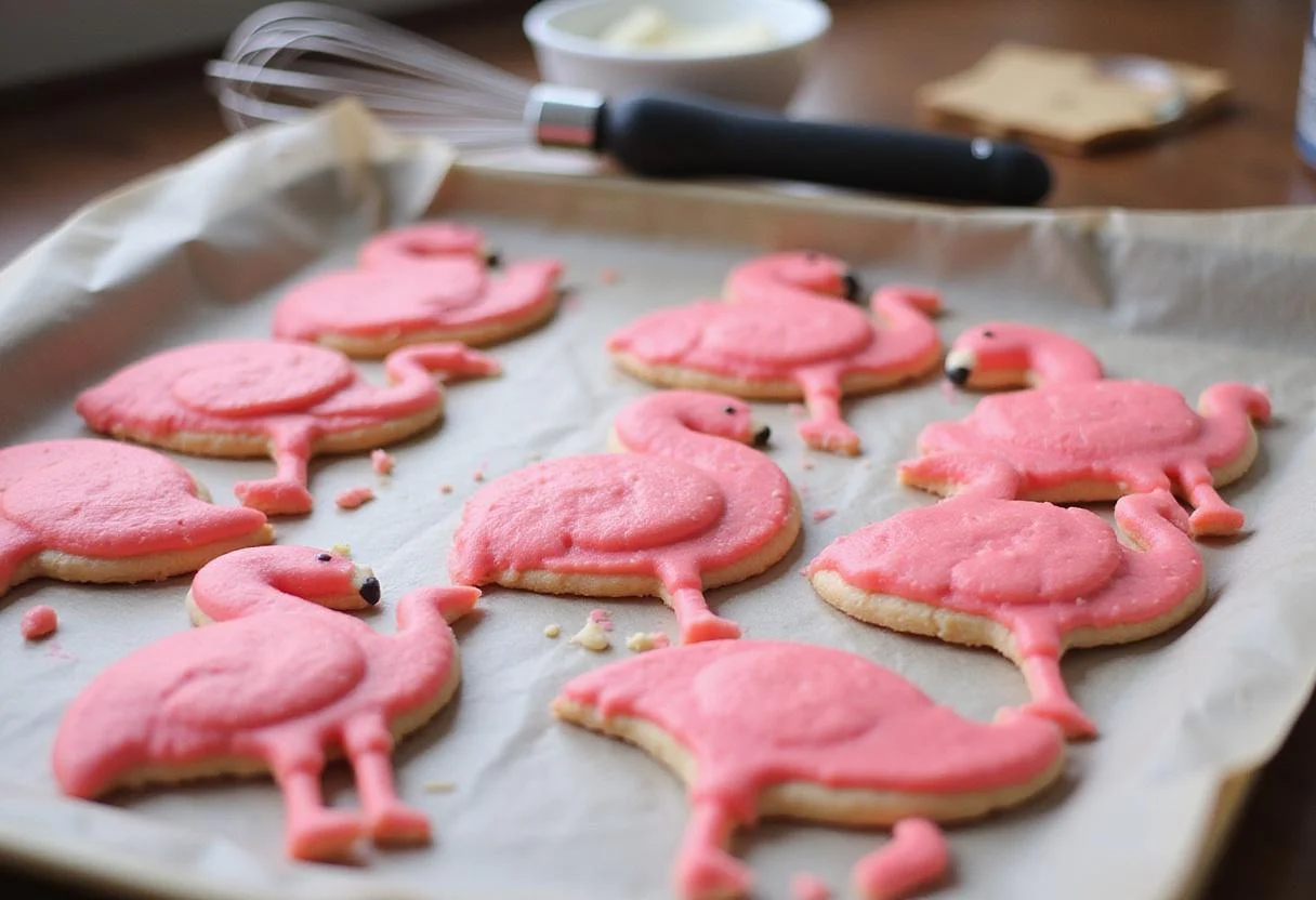 Prepare to bake adorable pink flamingo cookies on a tray lined with parchment paper, ready for the oven.