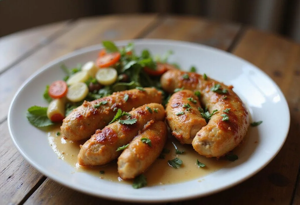 Finished dish of juicy air fryer chicken sausages, beautifully garnished, perfect for delicious meals.